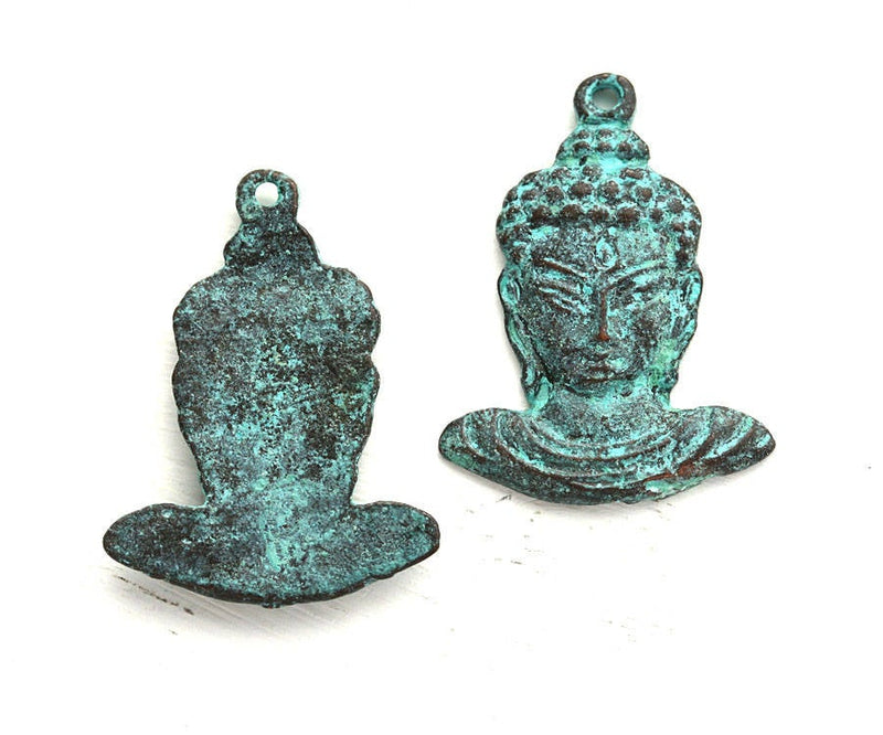 2pc Buddha face charms Green patina