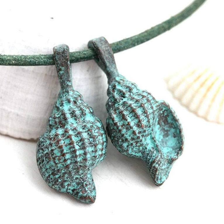 2pc Green patina large Shell charms 27mm