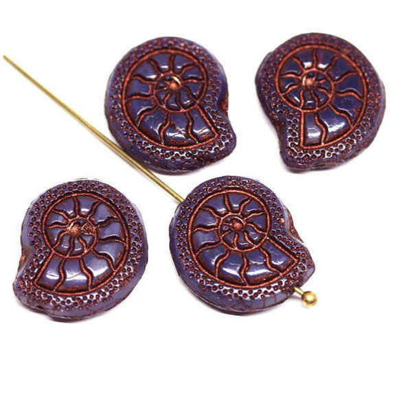 4pc Dark purple Czech glass snail beads, Nautilus fossil shell