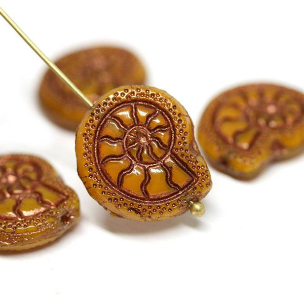 2pc Ocher Yellow Czech glass Snail beads, Nautilus, Fossil