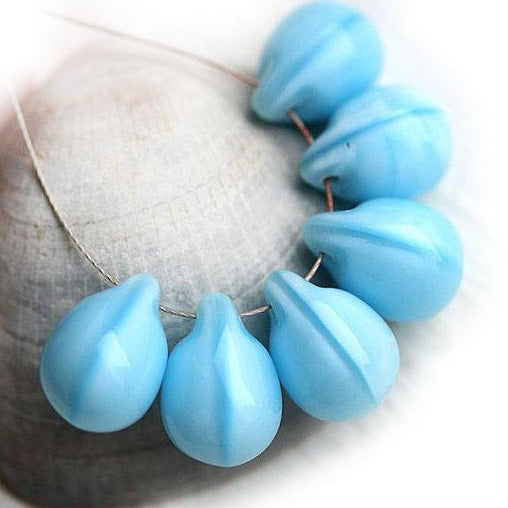 6Pc Blue glass drops, Opaque blue teardrop czech beads briolettes - 10x14mm