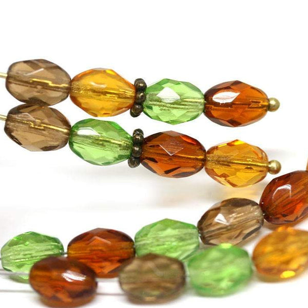 8x6mm Woodland colors czech glass beads mix, oval fire polished beads - 30Pc