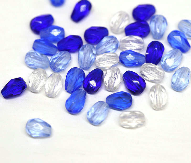 40pc Blue teardrop beads mix Czech glass pear beads - 7x5mm
