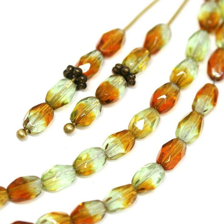 6x4mm Rice czech glass beads, Brown Topaz Green mixed color oval fire polished small beads - 50Pc