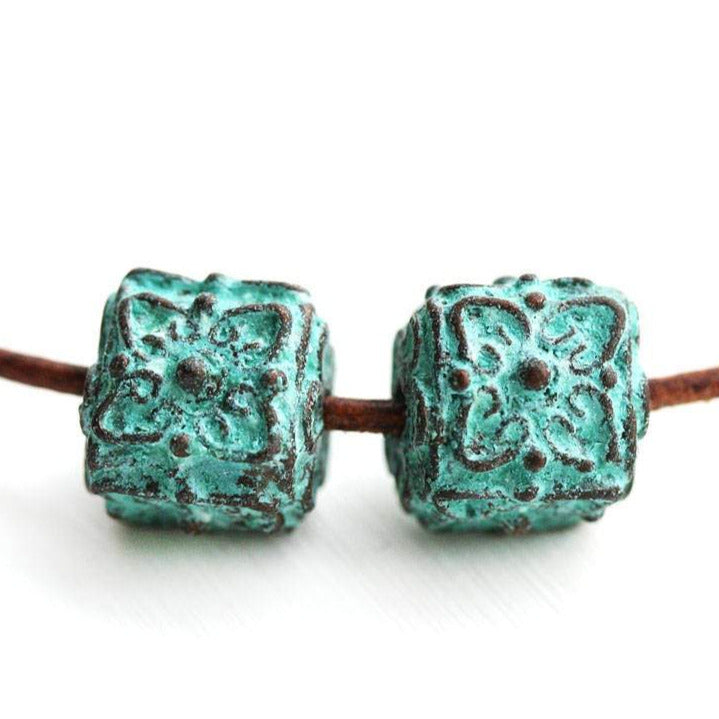 2pc Cube Green patina on copper flower ornament beads 10mm