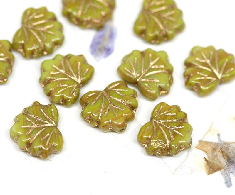 11x13mm Yellow green leaf beads Maple glass leaves Golden wash 10pc