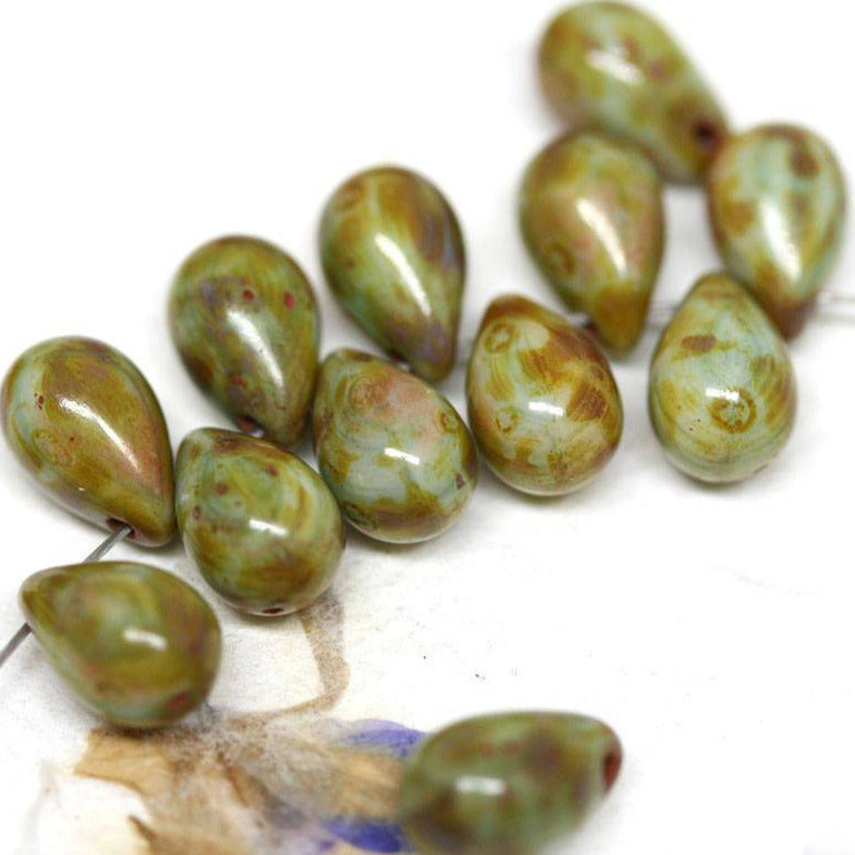20pc Picasso Green teardrop beads, Rustic czech glass drops - 6x9mm