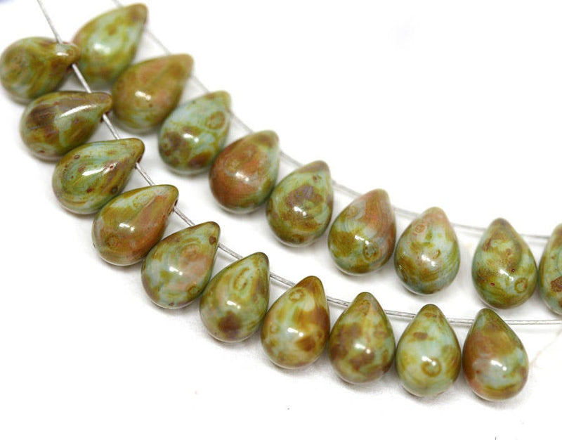 20pc Picasso Green teardrop beads, Rustic czech glass drops - 6x9mm