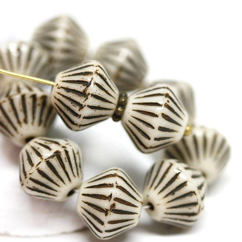 11mm Beige czech Glass beads, Brown stripes - 10pc