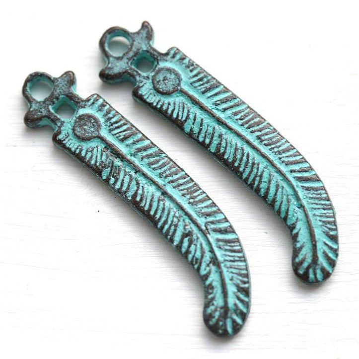 2pc Double Sided Feather charms Green patina