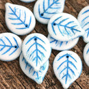 18mm White Large leaf beads, Blue inlays, czech glass leaves, top drilled - 12Pc