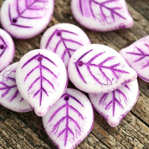 18mm White Large leaf beads Purple Violet inlays czech glass leaves, top drilled - 12Pc