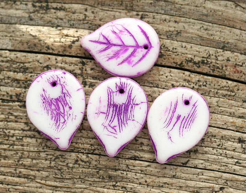 18mm White Large leaf beads Purple Violet inlays czech glass leaves, top drilled - 12Pc