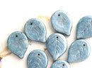 18mm Blue Large leaf beads, Lustered czech glass leaves, top drilled - 10Pc