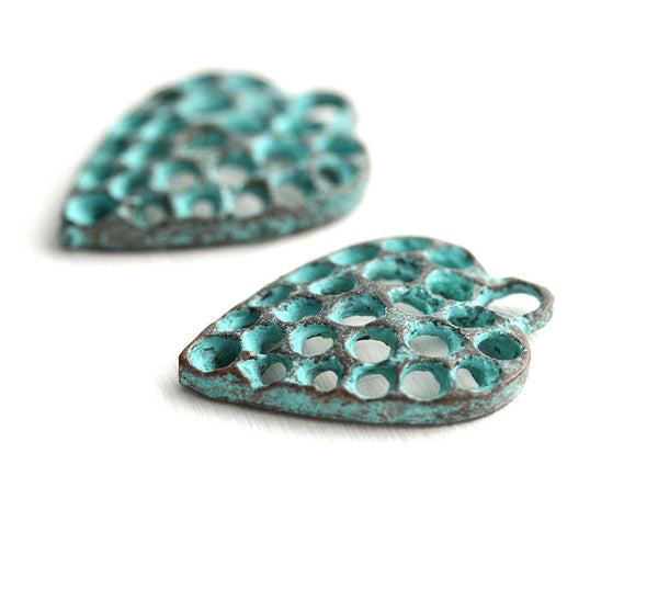 2pc Green Patina Filigree Heart charms 20mm