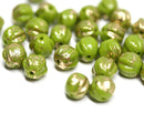 6mm Green Melon Czech glass round green beads, Golden wash - 30pc