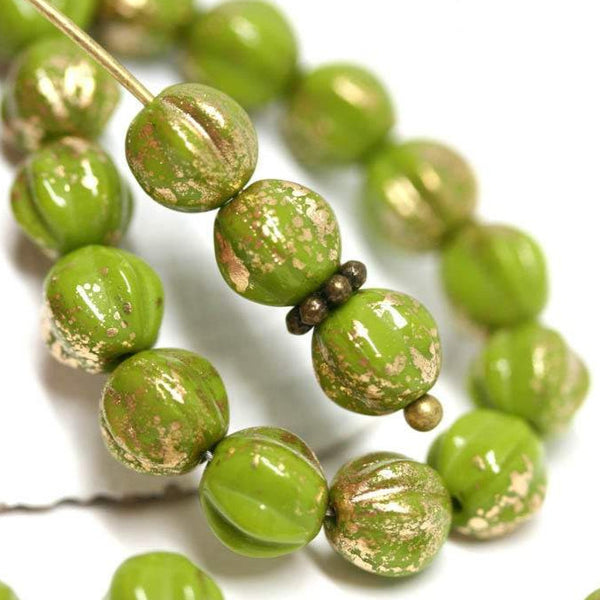 6mm Green Melon Czech glass round green beads, Golden wash - 30pc