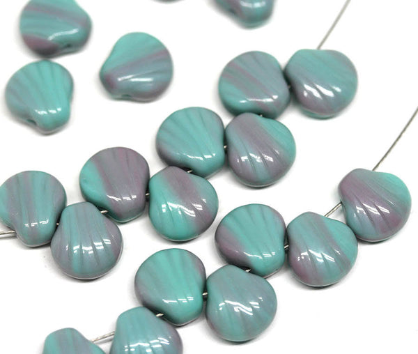 20Pc Green Purple Shell beads, Czech glass green seashell - 9mm