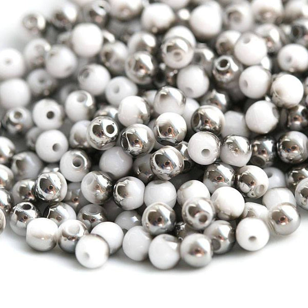3mm White czech glass beads Dark Metallic Grey luster - 8g