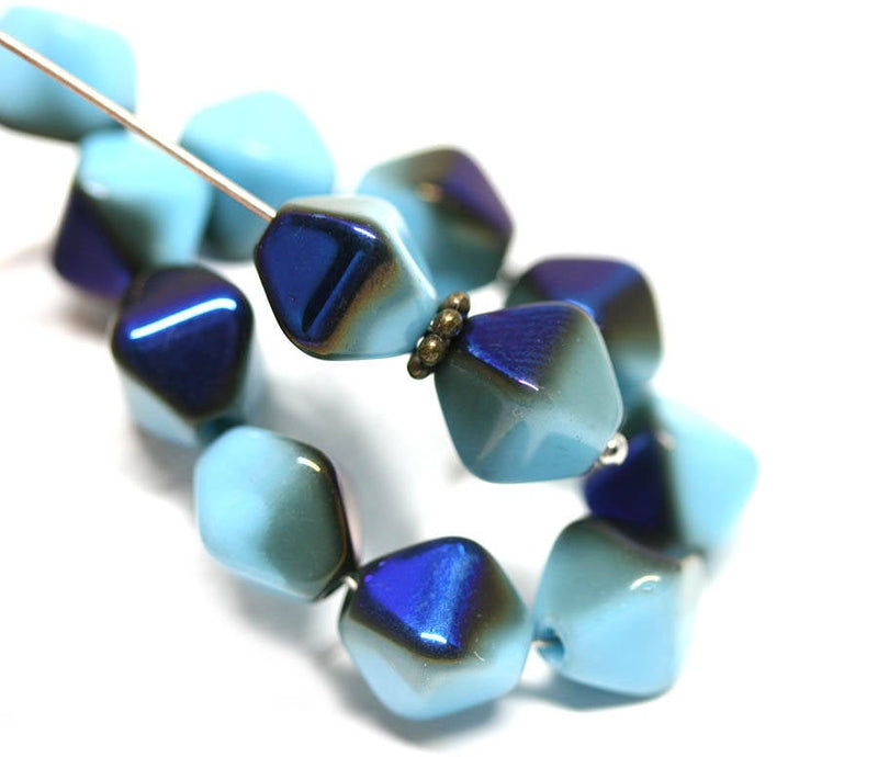 10mm Blue bicone beads, czech glass Iris Blue coating pressed druk bicones - 15Pc