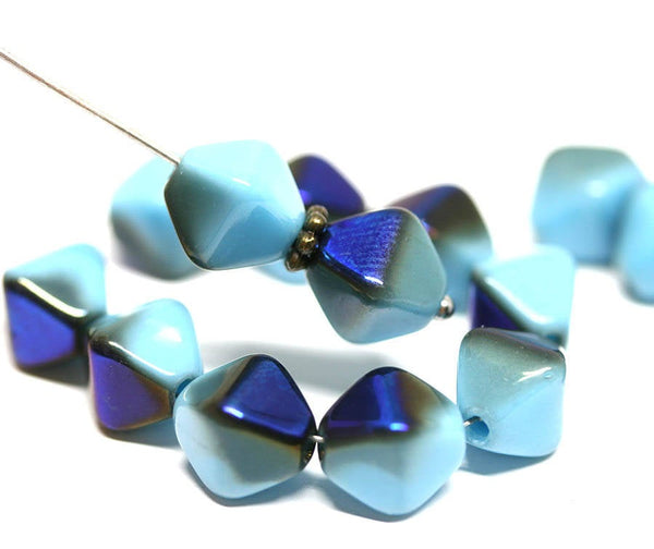 10mm Blue bicone beads, czech glass Iris Blue coating pressed druk bicones - 15Pc