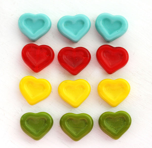 14mm Bright Heart beads mix Turquoise, Red, Yellow, Green - 12pc