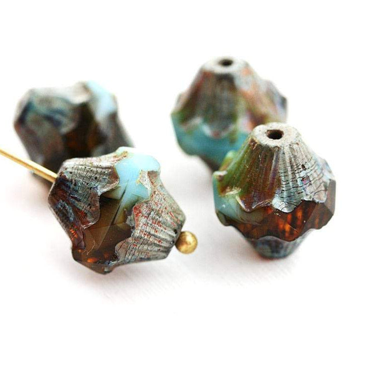 10mm Dark Brown Topaz and Blue picasso fire polished baroque bicones - 4Pc