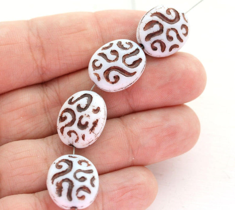 17mm White Oval beads Czech glass beads with brown ornament - 8Pc