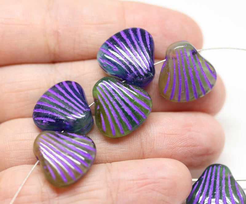 5Pc Blue Purple Glass Shell beads Mix Dark Blue Czech glass beads - 15mm