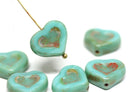 14mm Turquoise green Heart, Picasso czech glass beads - 6Pc