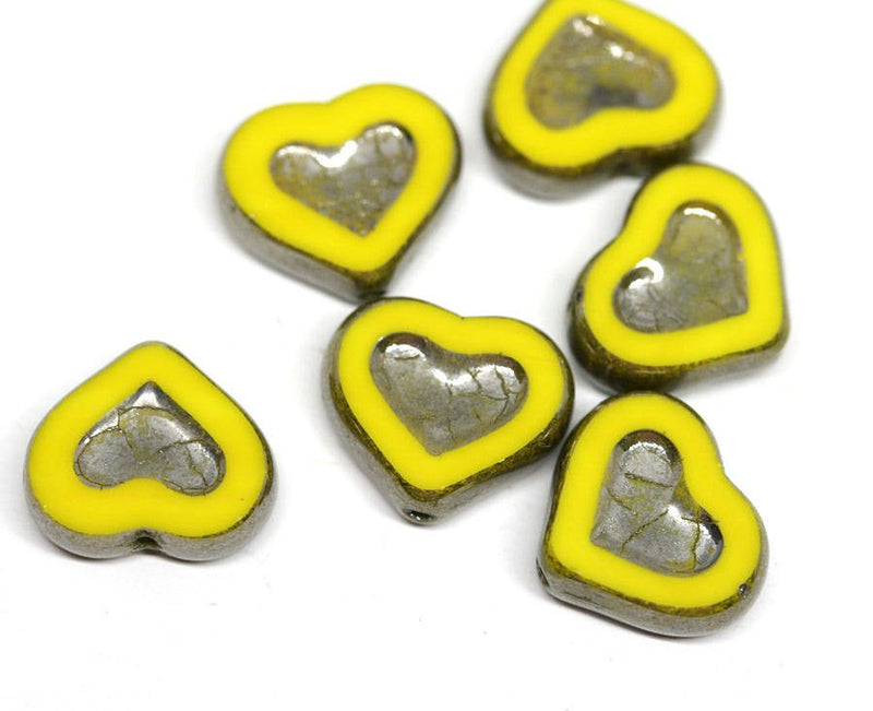14mm Yellow Heart beads Metallic luster czech glass beads - 6Pc