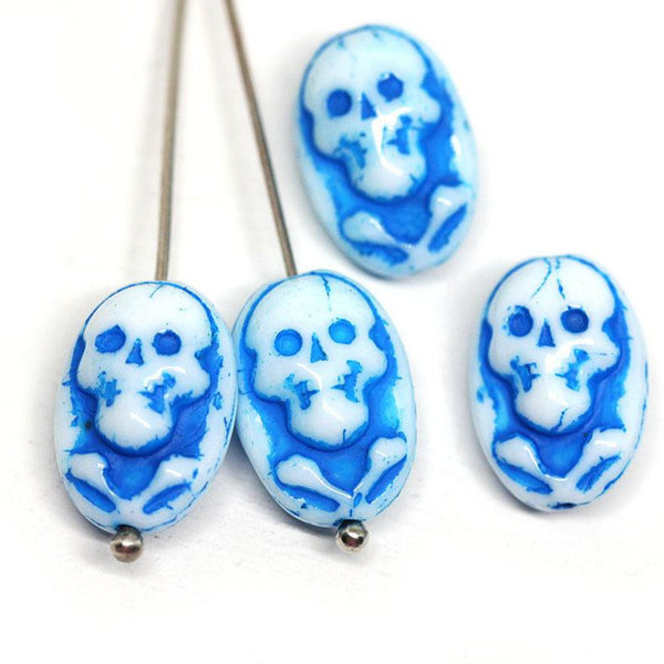 15x10mm Blue White Czech glass skull beads Halloween decor - 4Pc