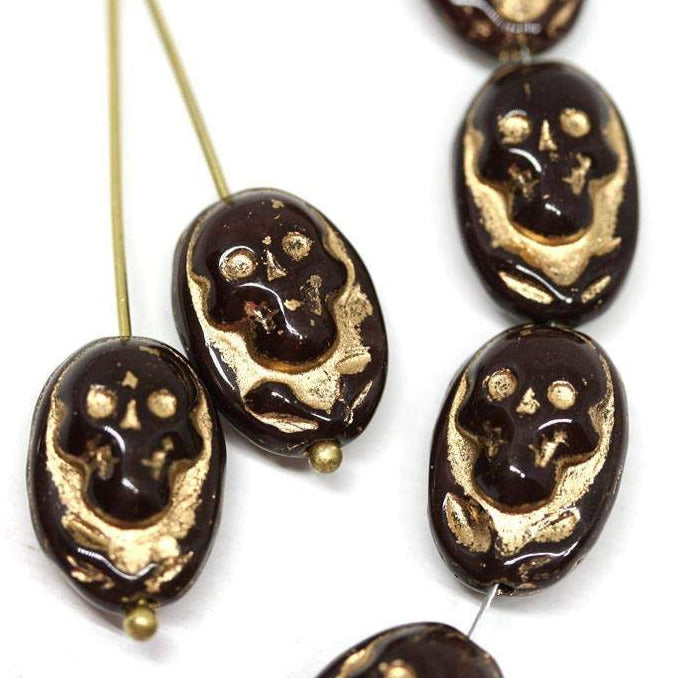 15x10mm Brown Glass Skull beads Golden Halloween decor Czech glass beads - 4Pc
