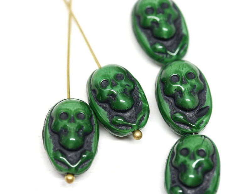 15x10mm Green Black Skull beads Halloween decor czech glass beads - 4Pc