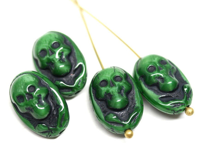 15x10mm Green Black Skull beads Halloween decor czech glass beads - 4Pc