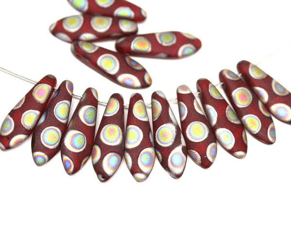 15pc Matte Red dagger czech glass beads Christmas jewelry - 5x16mm