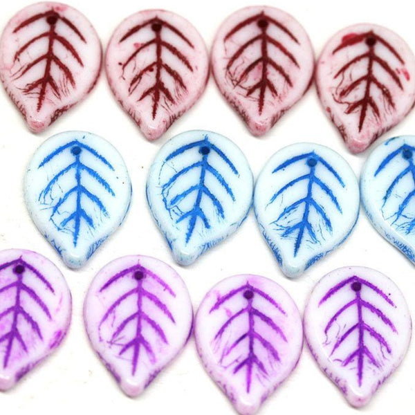 18mm Large leaf beads mix White czech glass leaves top drilled - 12Pc