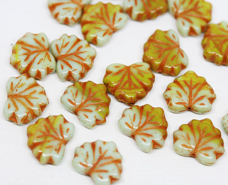 11x13mm Fall colors Maple leaf beads czech glass Green Orange leaf beads - 10Pc