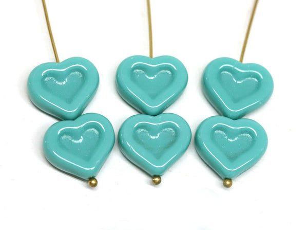 14mm Turquoise Heart Czech glass beads for jewelry making - 8pc