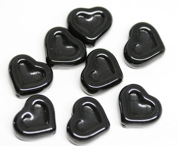 14mm Jet Black Heart Czech glass beads - 8pc