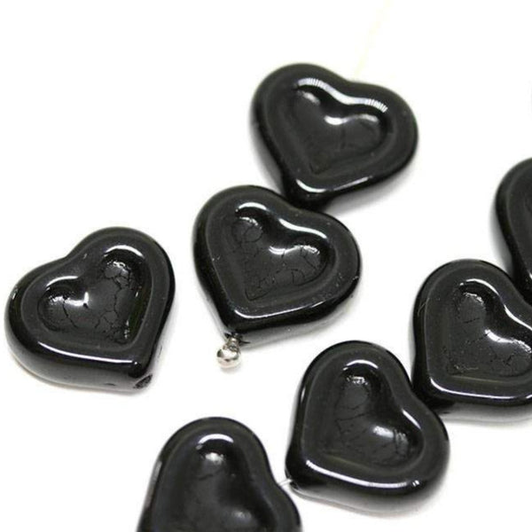 14mm Jet Black Heart Czech glass beads - 8pc