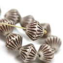 11mm White Brown striped czech glass large bicone beads, 10pc