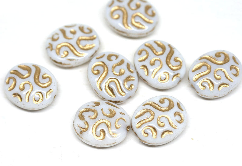 17mm White Gold glass beads with golden ornament - 8Pc