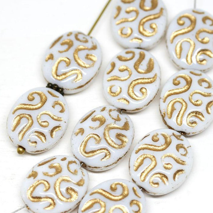 17mm White Gold glass beads with golden ornament - 8Pc