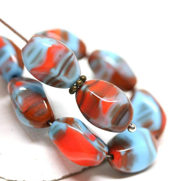 13x9mm Blue Red twisted czech glass barrel beads 8Pc