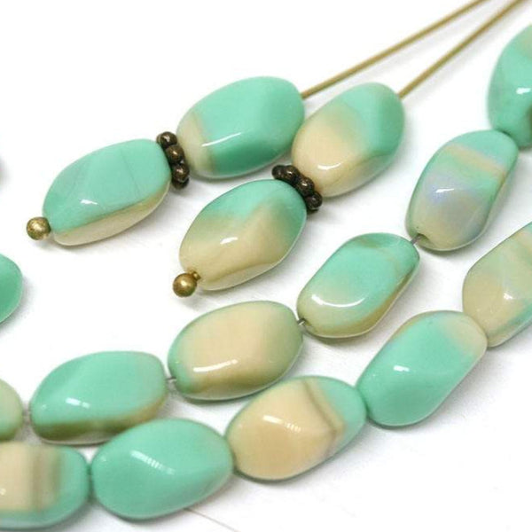 11x7mm Turquoise Green beige oval czech glass barrel Druk oval twist beads - 20Pc