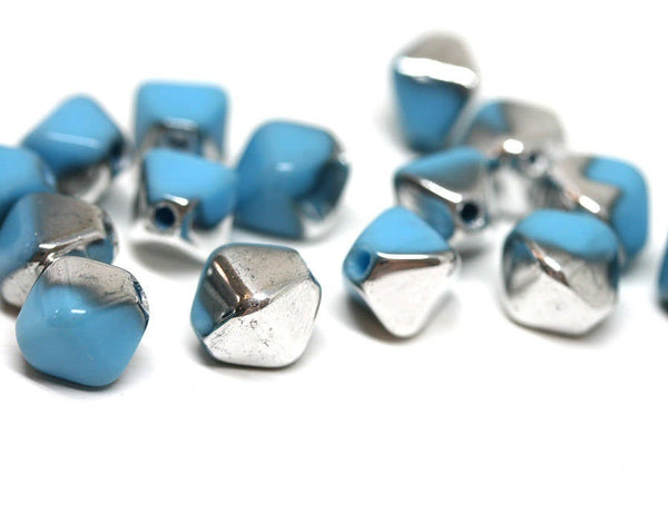 10mm Blue Silver bicone czech glass beads - 15Pc
