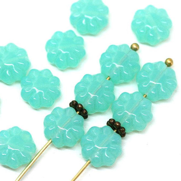 9mm Opal Green flower beads, Czech glass flat daisy - 20Pc