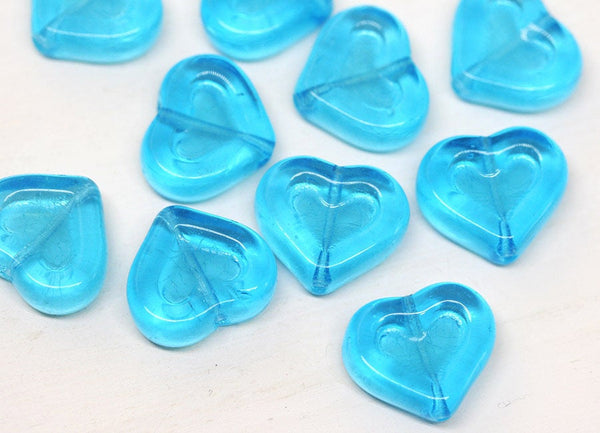 14mm Aqua Blue Heart beads Sea Blue Czech glass beads - 10pc
