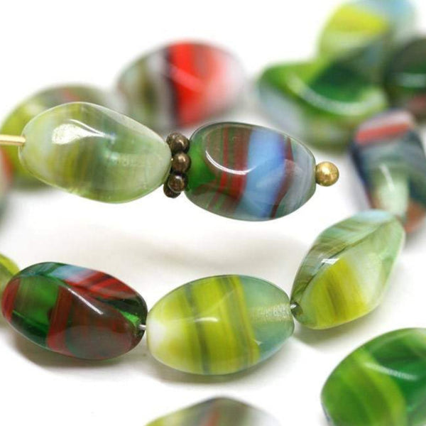11x7mm Green czech glass beads, Mixed Green Red oval twist barrels 20Pc